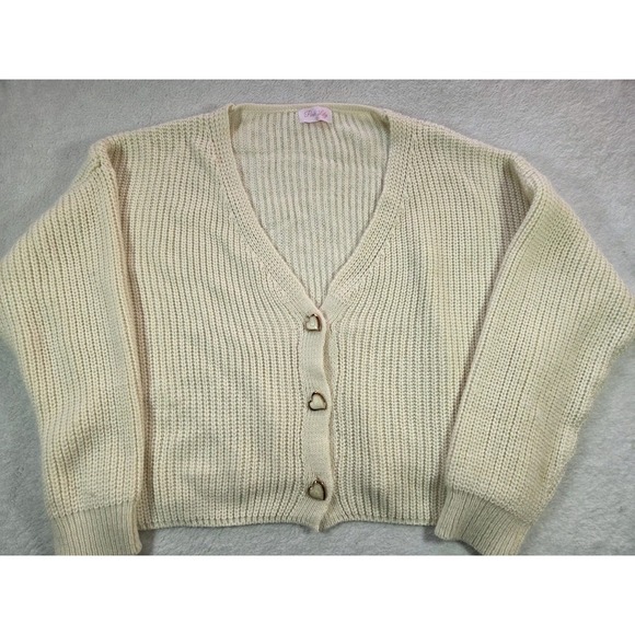Cream Sweaters - Pink Lily Cream Cropped Knit Cardigan Gold Heart Buttons Coquette Small